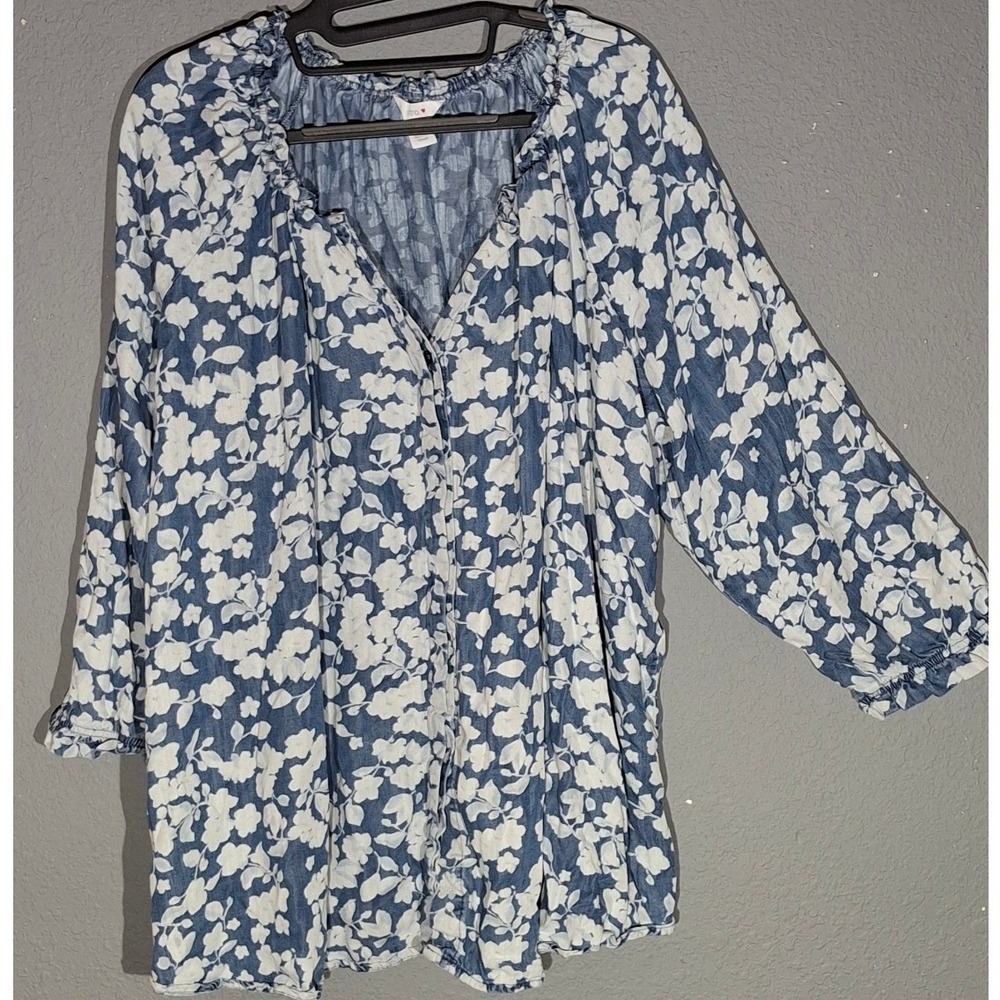 Intro Blue White Floral Peasant Blouse Ruffle Neck Long Sleeve Top Women's 3X